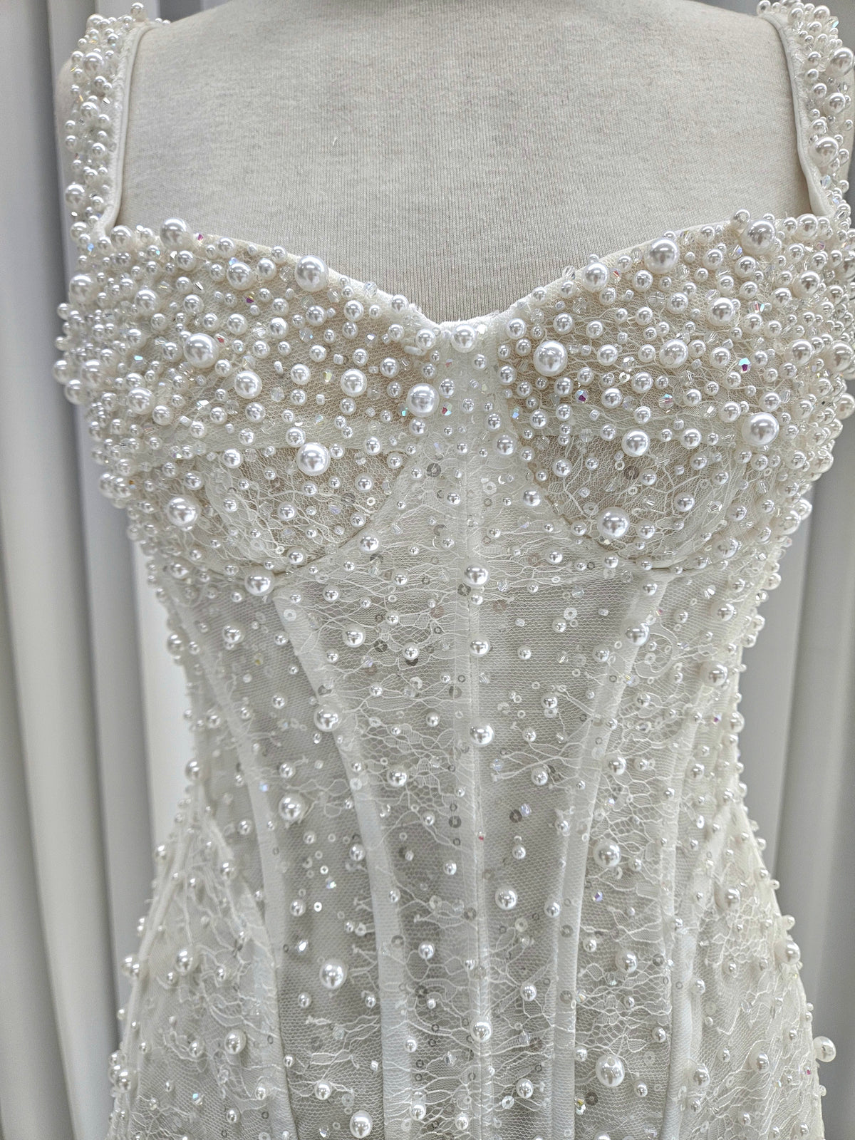 Helen - Pearl Embellished Lace Mini Wedding Dress