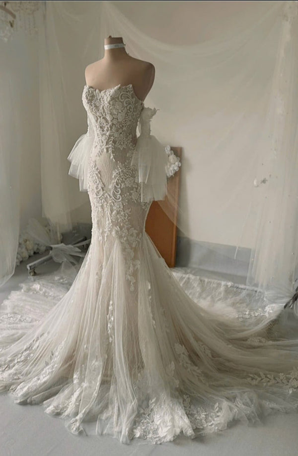 JOYA - Champagne Lace Fit-and-Flare Wedding Dress with Detachable Sleeves