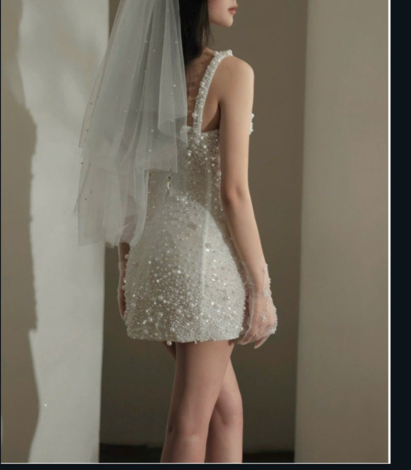 Helen - Pearl Embellished Lace Mini Wedding Dress