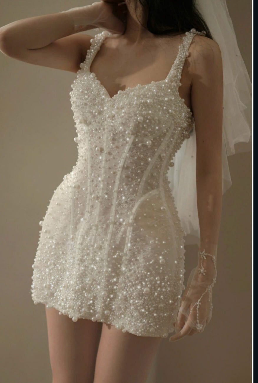 Helen - Pearl Embellished Lace Mini Wedding Dress