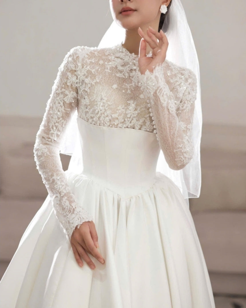 FAY - Long sleeve Lace & Satin Wedding Dress