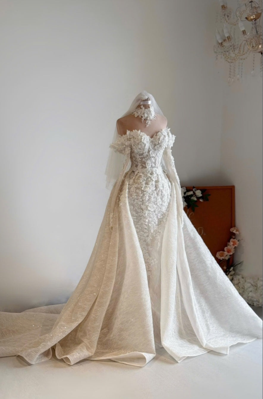AMET - Champagne 3D Lace Mermaid Wedding Dress with Detachable Overskirt