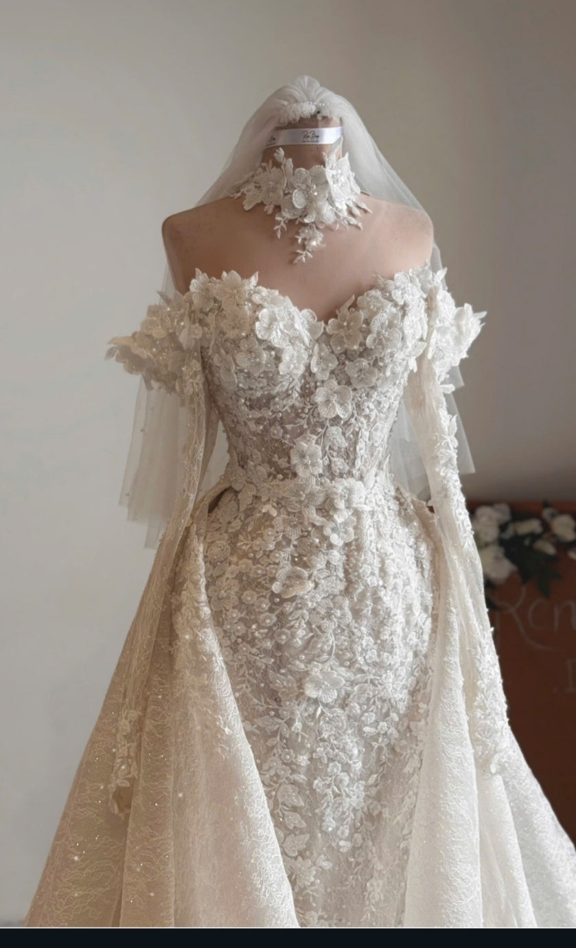 AMET - Champagne 3D Lace Mermaid Wedding Dress with Detachable Overskirt