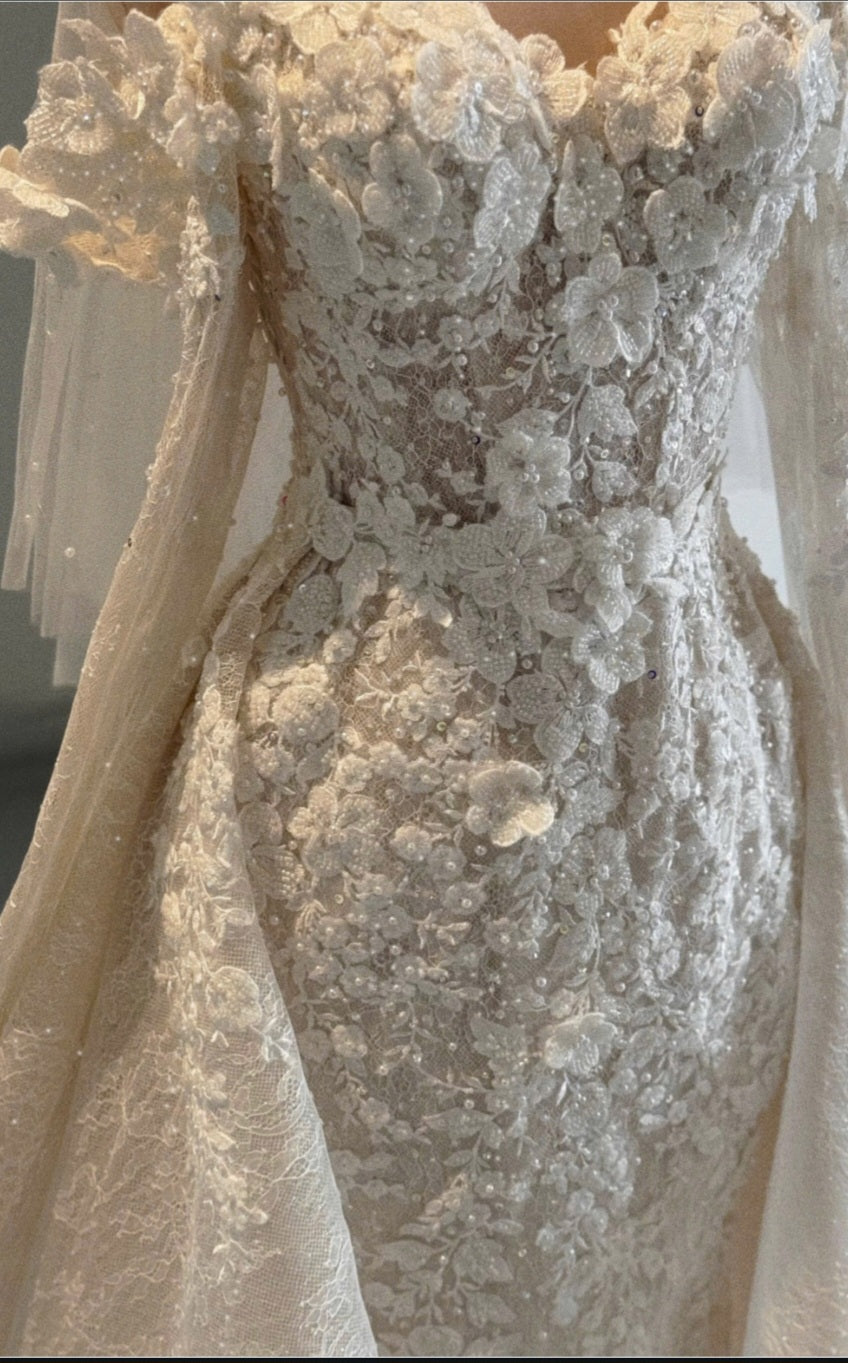 AMET - Champagne 3D Lace Mermaid Wedding Dress with Detachable Overskirt