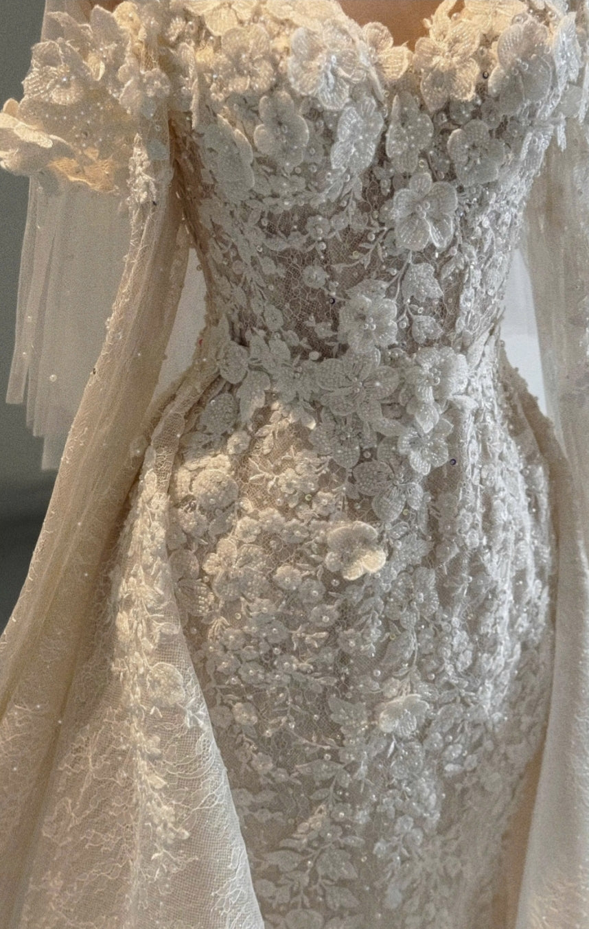 AMET - Champagne 3D Lace Mermaid Wedding Dress with Detachable Overskirt