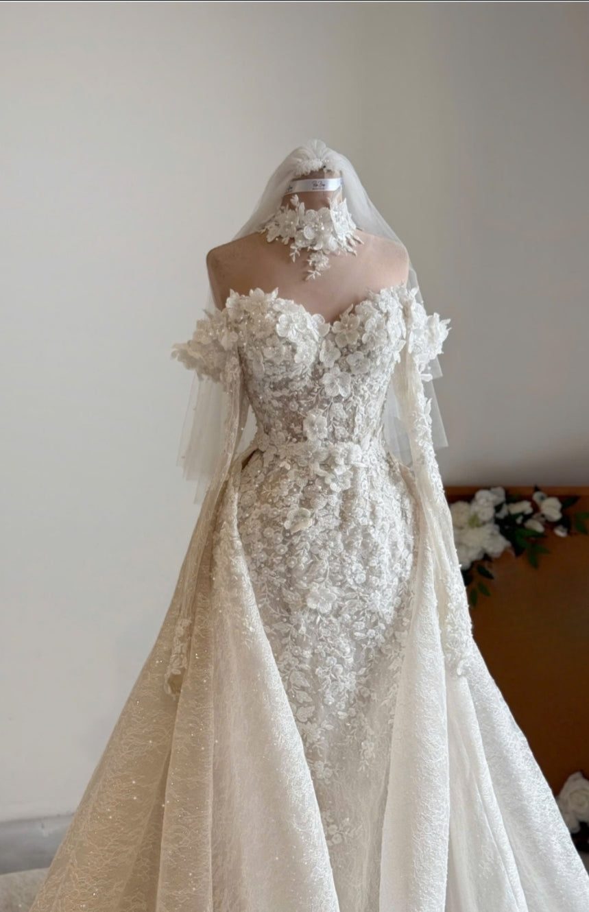 AMET - Champagne 3D Lace Mermaid Wedding Dress with Detachable Overskirt