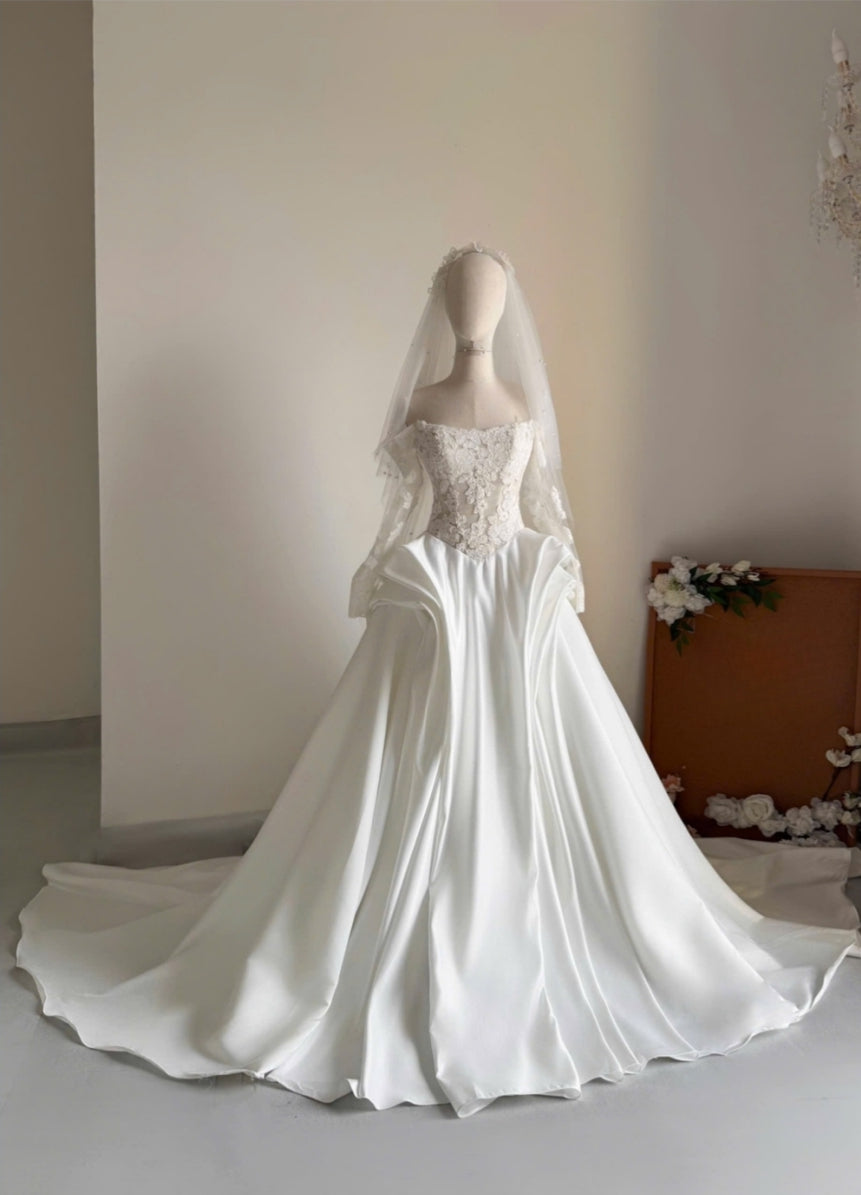TOVA - Matte Satin A-Line Wedding Dress with Lace Off-Shoulder Bodice