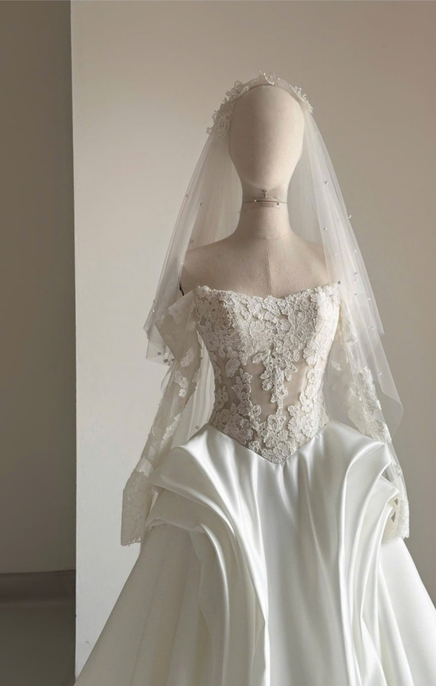 TOVA - Matte Satin A-Line Wedding Dress with Lace Off-Shoulder Bodice